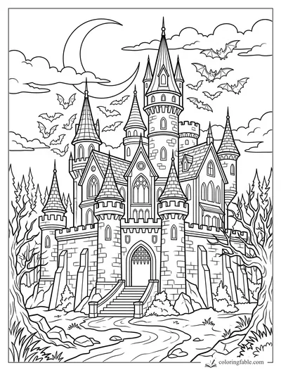 Gothic castle coloring page with tall towers, crescent moon, bats, clouds, and twisted forest trees