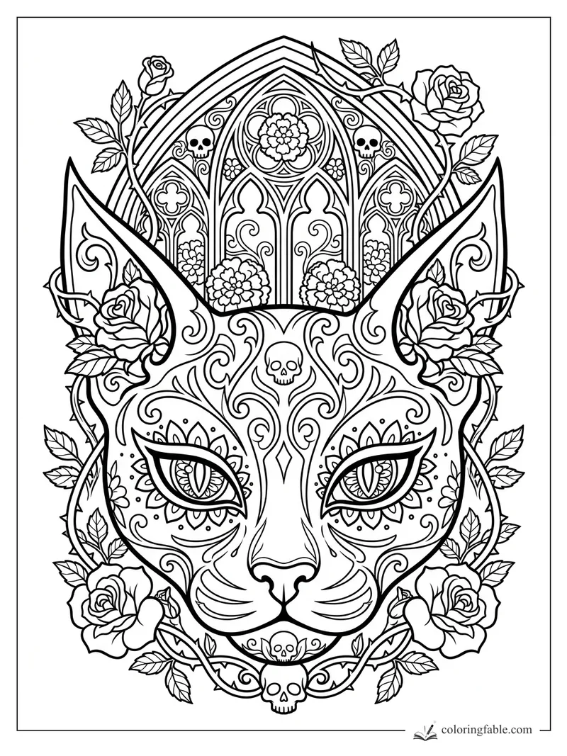 Intricate gothic cat face with rose vines, skulls, pointed ears, and cathedral window arches