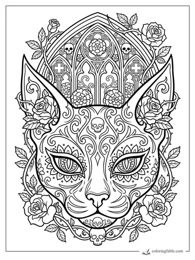 Intricate gothic cat face with rose vines, skulls, pointed ears, and cathedral window arches