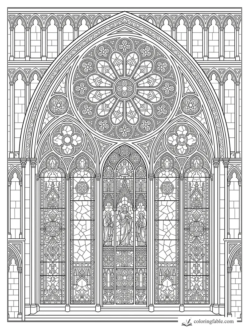 Intricate Gothic stained glass rose window with saints, pointed arches, tracery, and floral panels