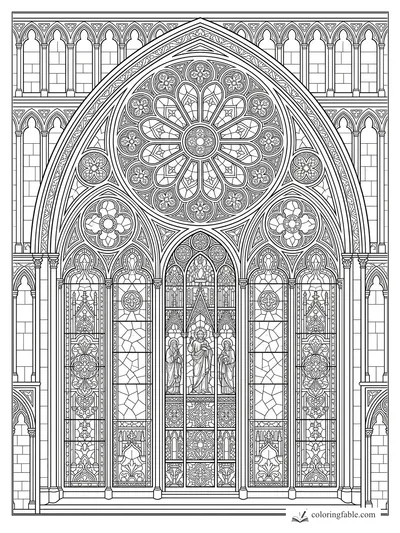Intricate Gothic stained glass rose window with saints, pointed arches, tracery, and floral panels