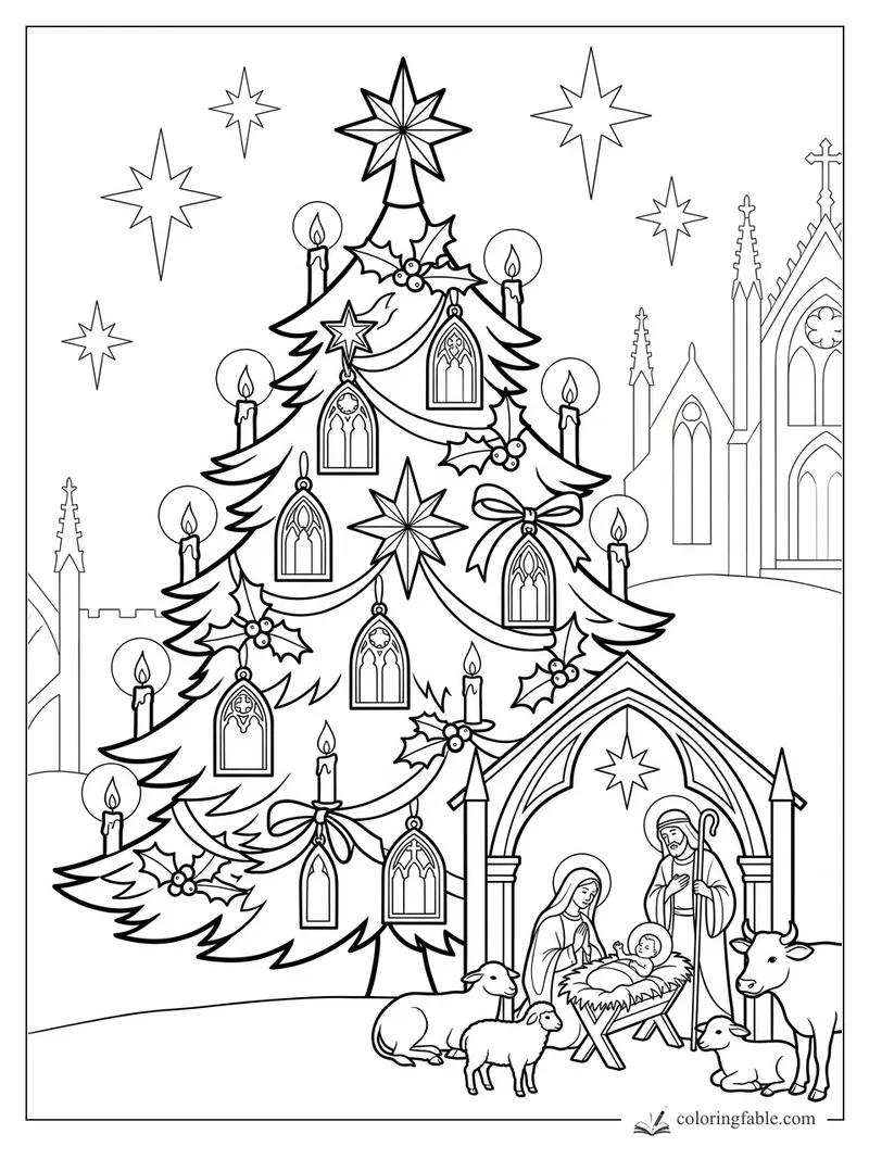 Gothic Christmas tree with candle lights, cathedral ornaments, stars, and a Nativity scene