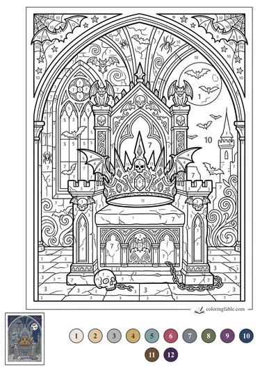 Gothic Crown in a Bat-Filled Castle Arch — color by number