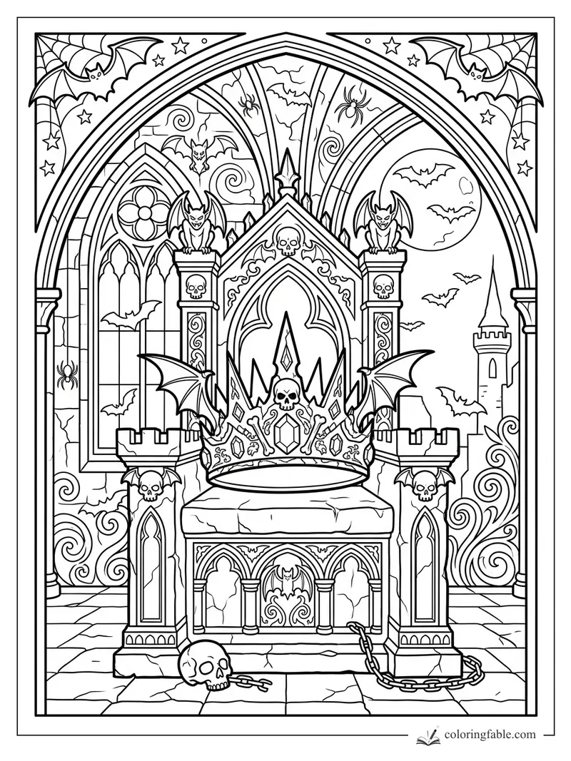 Gothic crown on a stone pedestal with skulls, gargoyles, bats, moon, chains, and arched castle windows
