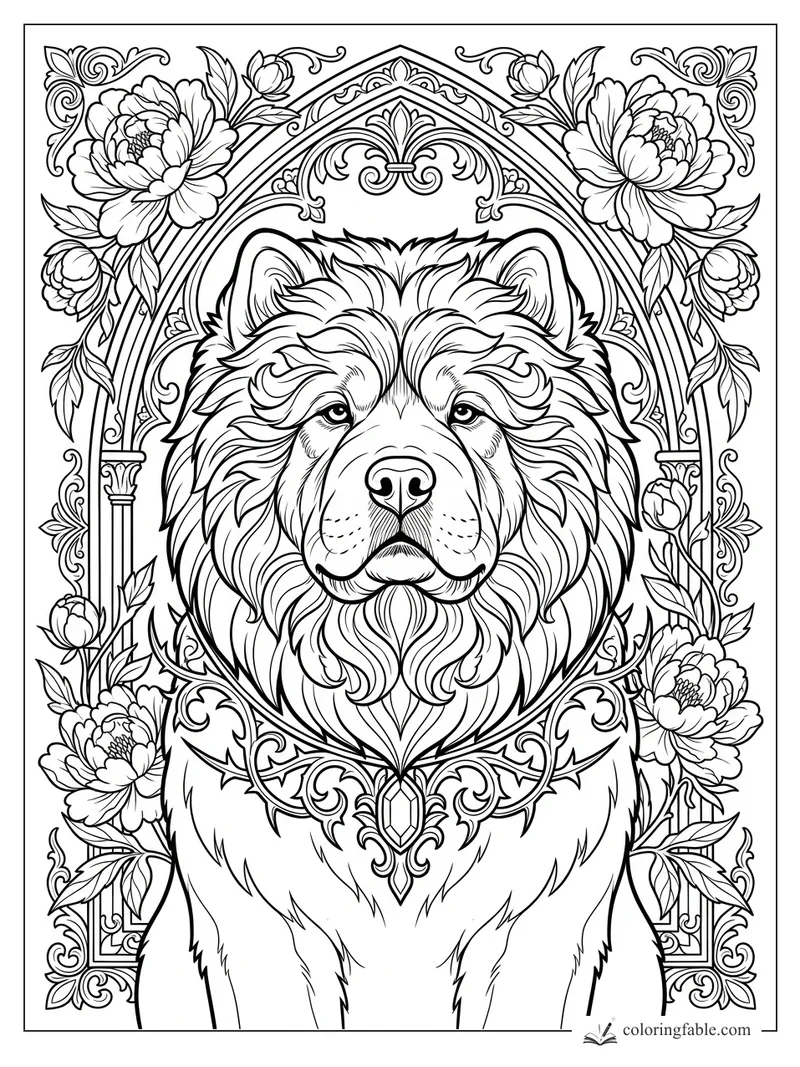 Intricate gothic dog portrait with pointed arches, peonies, vines, and a jeweled collar ornament.