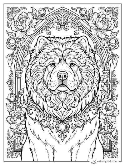 Intricate gothic dog portrait with pointed arches, peonies, vines, and a jeweled collar ornament.