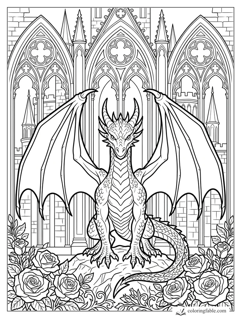 Gothic dragon with spread wings before cathedral arches and roses coloring page