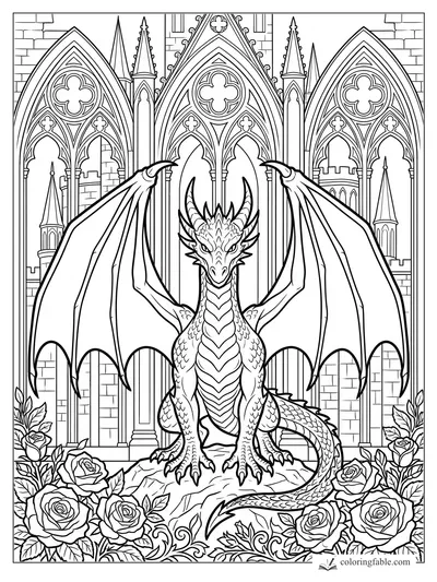 Gothic dragon with spread wings before cathedral arches and roses coloring page