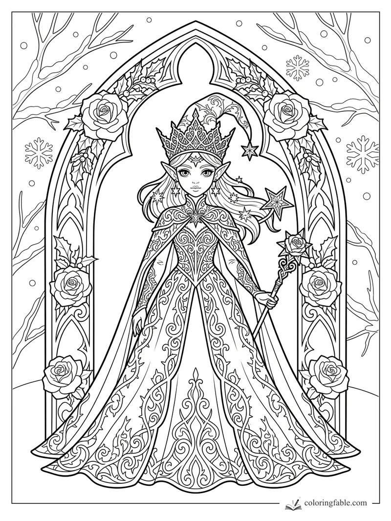 Intricate gothic elf queen with crown, star wand, roses, holly, snowflakes, and pointed arch