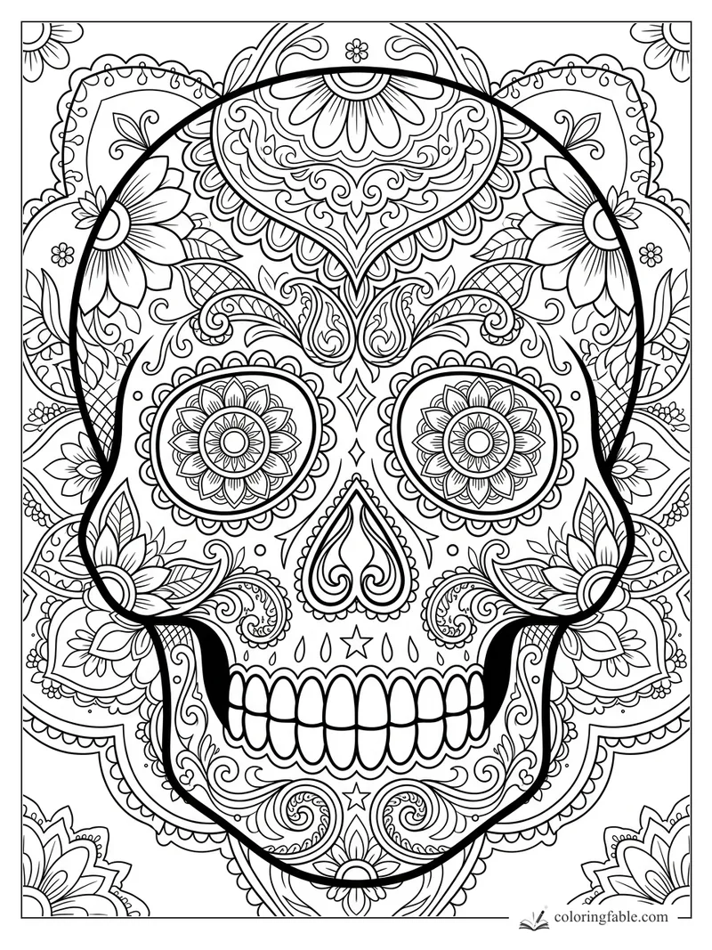 Intricate gothic sugar skull mandala with floral eyes, paisley scrolls, teeth, stars, and petal borders.