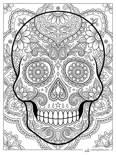 Intricate gothic sugar skull mandala with floral eyes, paisley scrolls, teeth, stars, and petal borders.