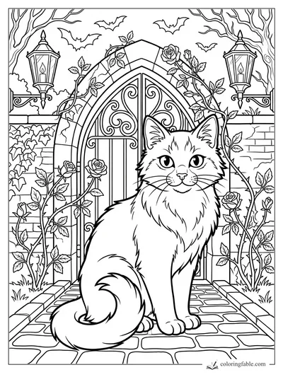 Fluffy cat before a gothic arched gate with roses, lanterns, bats, ivy, and cobblestones.