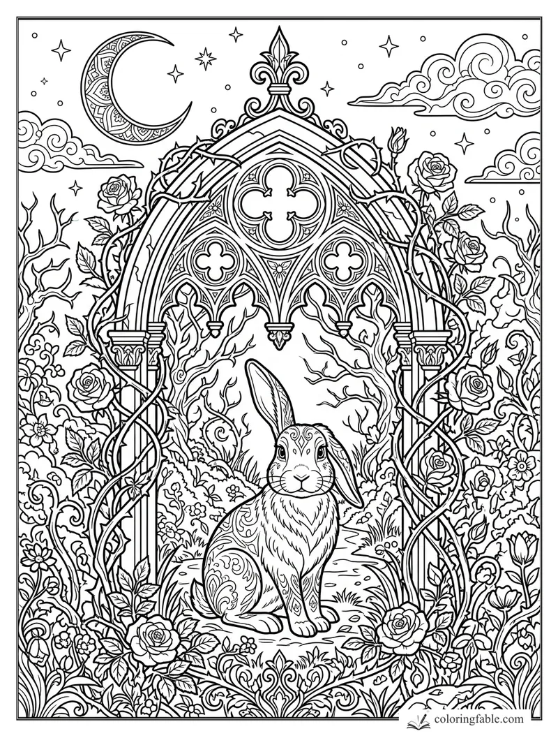 Intricate gothic rabbit under a rose-covered arch with crescent moon, clouds, stars, and thorny vines