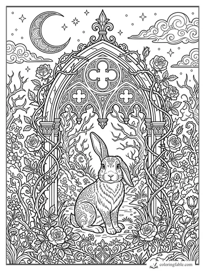 Intricate gothic rabbit under a rose-covered arch with crescent moon, clouds, stars, and thorny vines