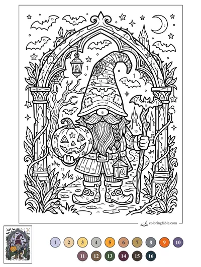 Gothic Gnome Under a Bat-Filled Arch — color by number