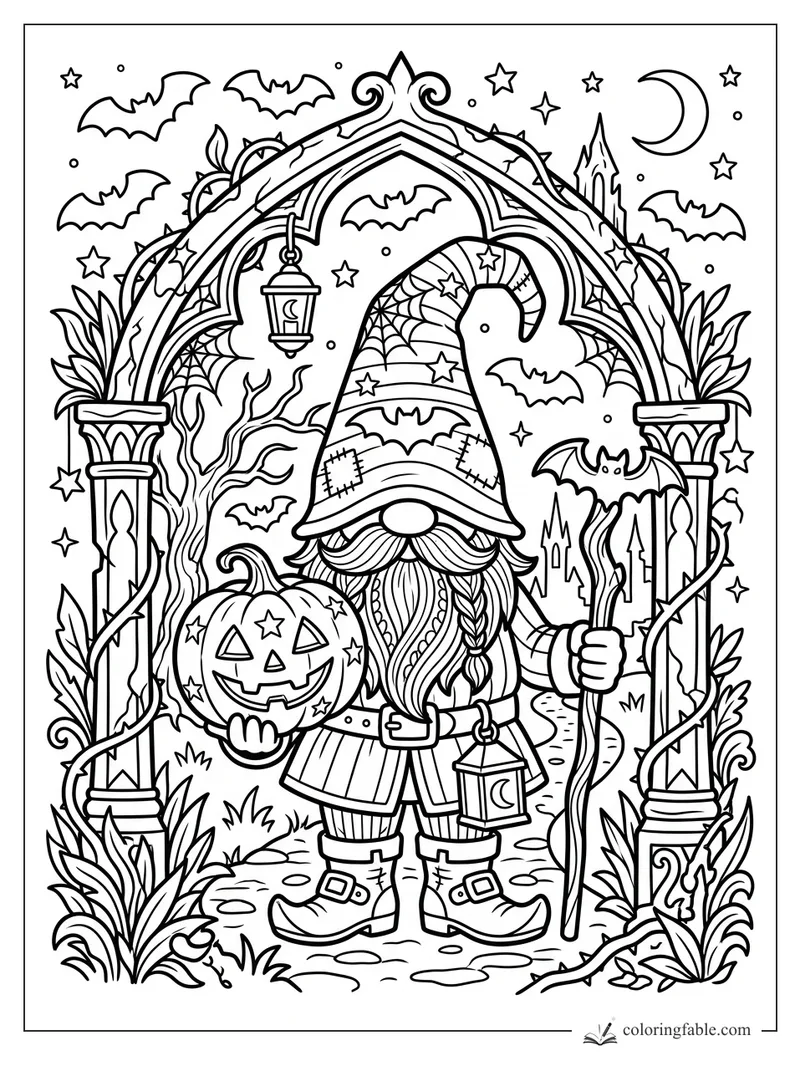 Gothic gnome with jack-o'-lantern, staff, lanterns, bats, moon, stars, and thorny arch