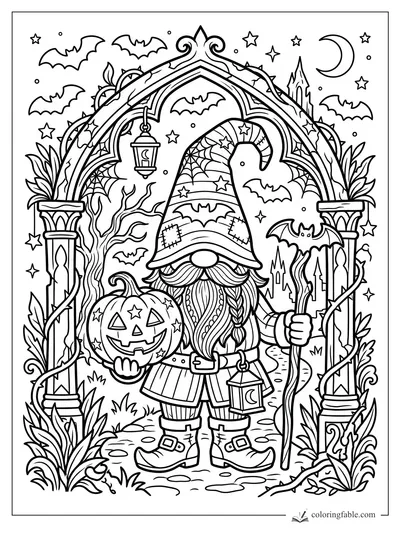Gothic gnome with jack-o'-lantern, staff, lanterns, bats, moon, stars, and thorny arch