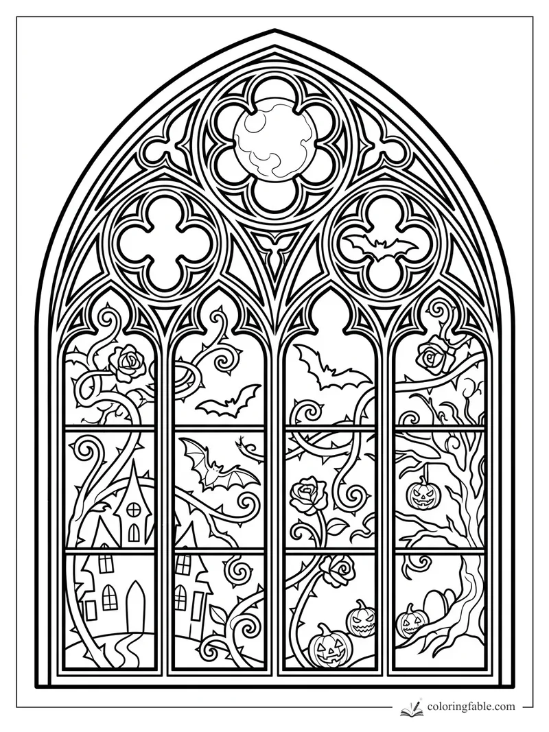 Intricate gothic Halloween stained-glass window with bats, thorny roses, pumpkins, moon, and crooked houses