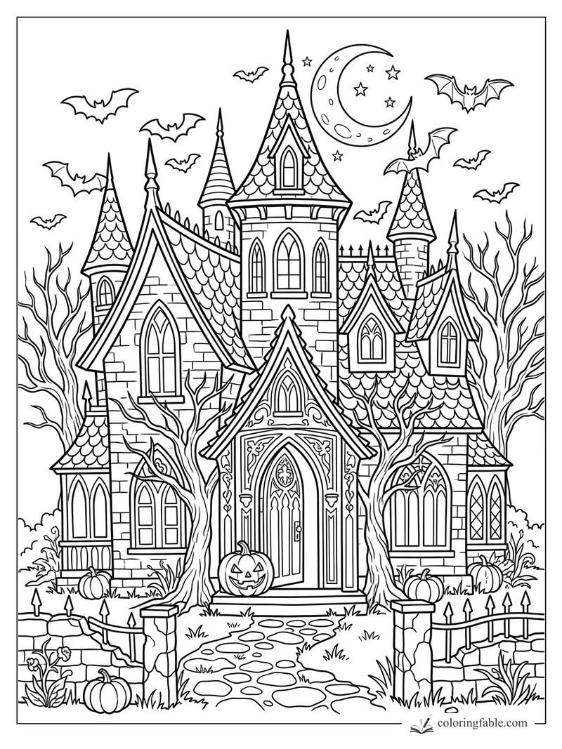 Gothic haunted house coloring page with pointed towers, bats, pumpkins, bare trees, and crescent moon