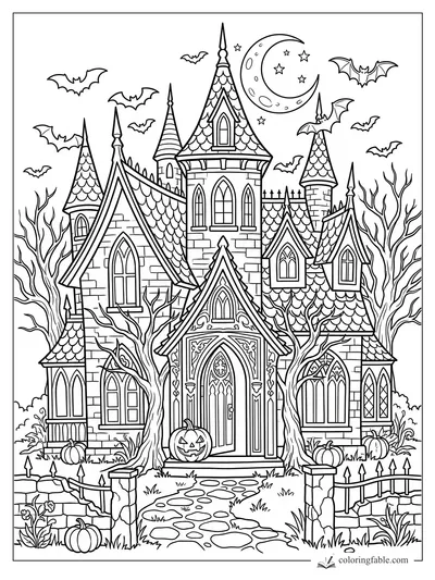 Gothic haunted house coloring page with pointed towers, bats, pumpkins, bare trees, and crescent moon