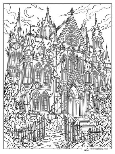 Intricate gothic haunted house with spires, rose window, open iron gate, bare trees, vines, and crescent moon
