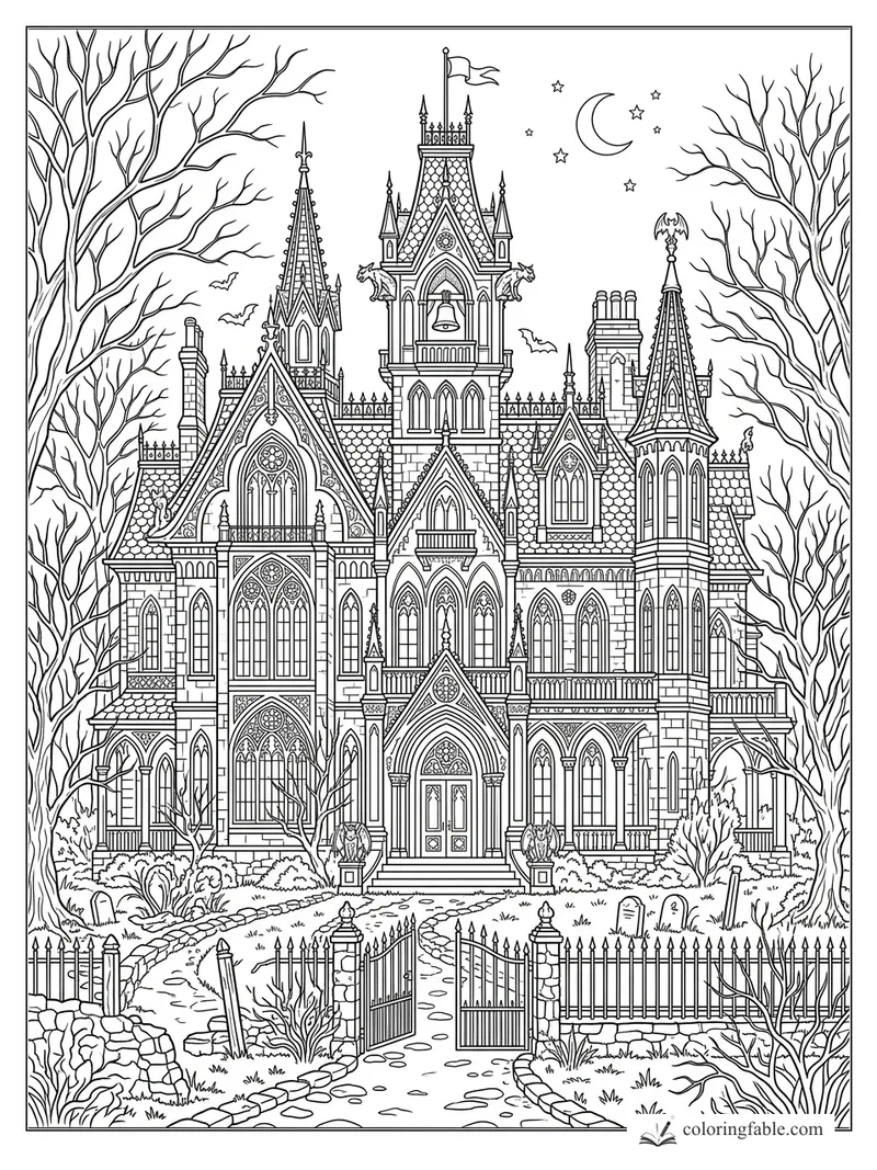 Intricate gothic haunted mansion with bare trees, iron gate, bats, gargoyles, crescent moon and stars