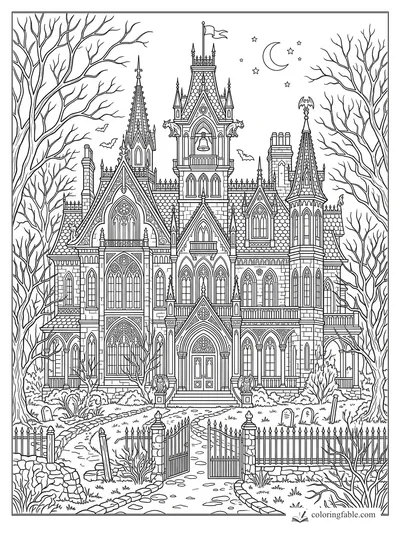 Intricate gothic haunted mansion with bare trees, iron gate, bats, gargoyles, crescent moon and stars