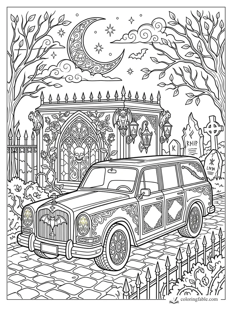 Intricate gothic hearse by a mausoleum, crescent moon, bats, gargoyles, roses, iron fence, and gravestones.