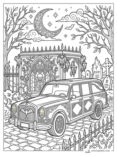 Intricate gothic hearse by a mausoleum, crescent moon, bats, gargoyles, roses, iron fence, and gravestones.