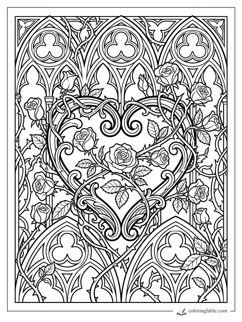 Intricate gothic heart coloring page with roses, thorny vines, arches, and quatrefoil tracery.