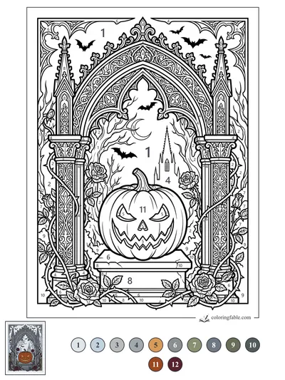 Gothic Jack-o'-Lantern Beneath a Bat-Filled Arch — color by number