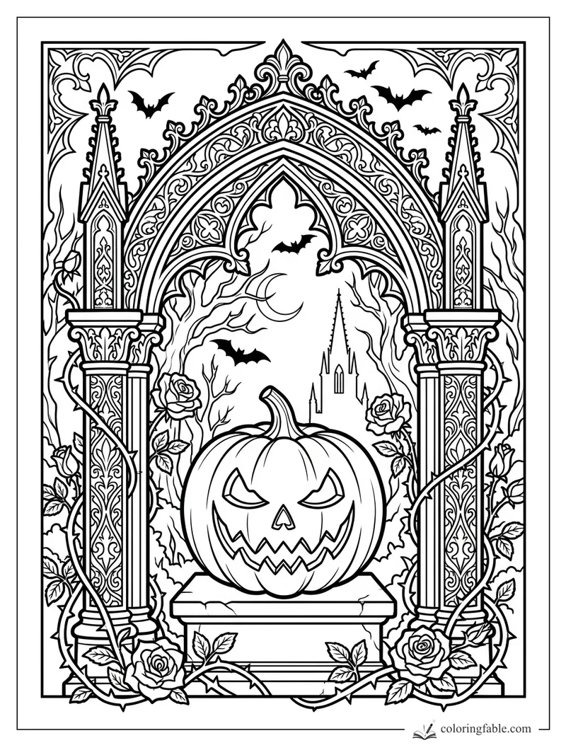 Intricate gothic jack-o'-lantern on a pedestal under ornate arches, roses, bats, bare trees, and castle spire
