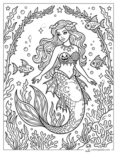 Gothic mermaid with skull clips, pumpkin shell top, thorny kelp arch, fish, bubbles, stars, and coral.