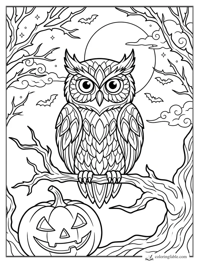 Patterned owl on a twisted branch with full moon, bats, bare trees, clouds, and a jack-o'-lantern.