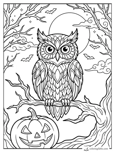 Patterned owl on a twisted branch with full moon, bats, bare trees, clouds, and a jack-o'-lantern.