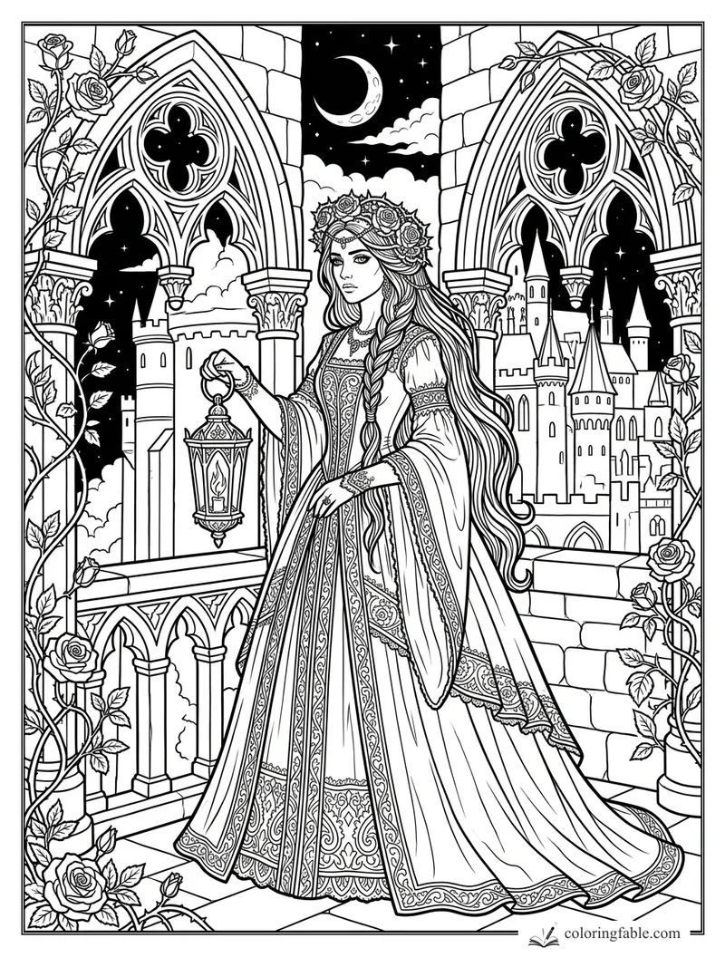 Gothic princess holding a lantern between rose-covered arches, with a crescent moon and castle towers behind her