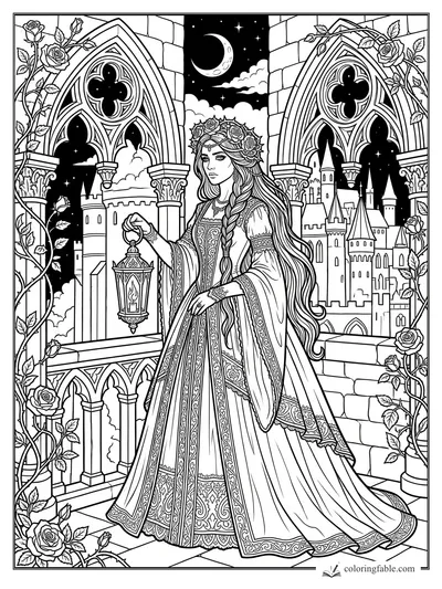 Gothic princess holding a lantern between rose-covered arches, with a crescent moon and castle towers behind her