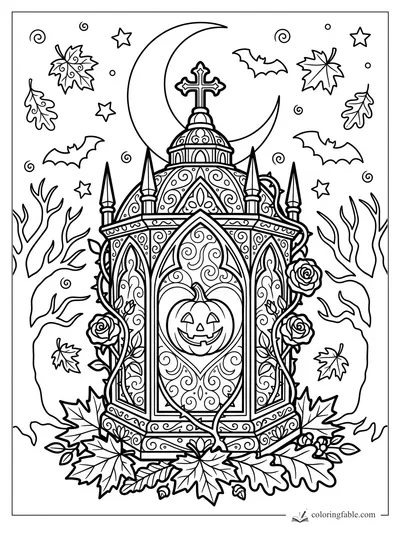 Intricate gothic lantern with a smiling pumpkin, roses, bats, fall leaves, stars, and a crescent moon.