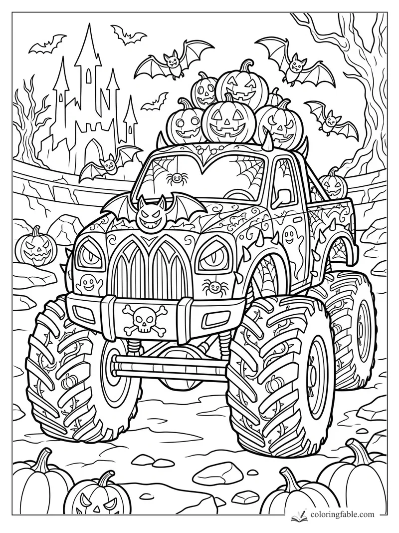 Gothic monster truck with jack-o'-lanterns, bats, spiderwebs, ghosts, and a haunted castle