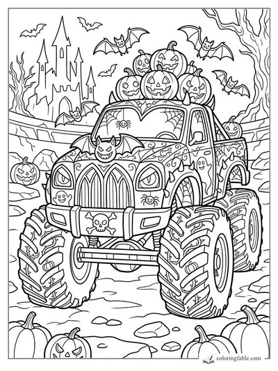 Gothic monster truck with jack-o'-lanterns, bats, spiderwebs, ghosts, and a haunted castle