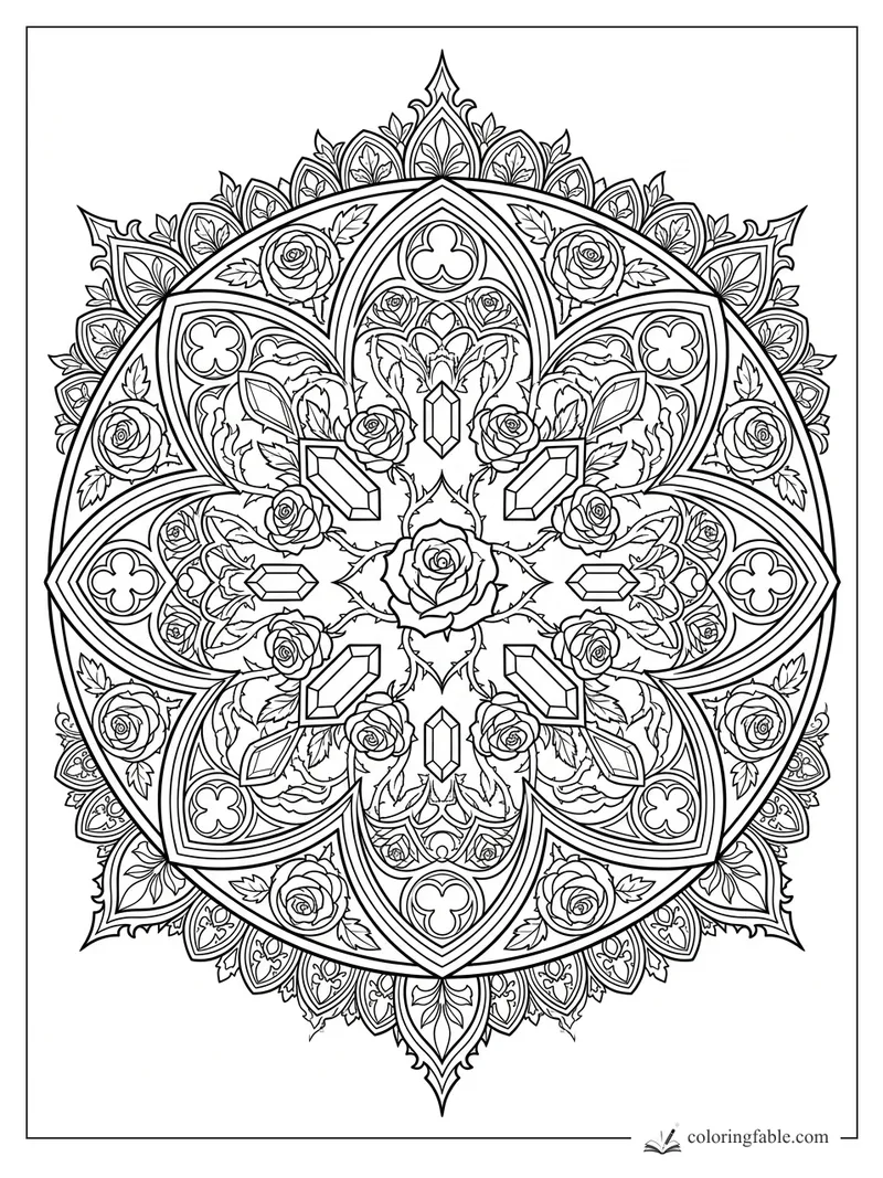 Intricate gothic mandala with roses, pointed arches, leaves, quatrefoils, and faceted crystals.