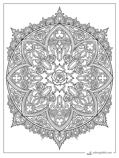 Intricate gothic mandala with roses, pointed arches, leaves, quatrefoils, and faceted crystals.