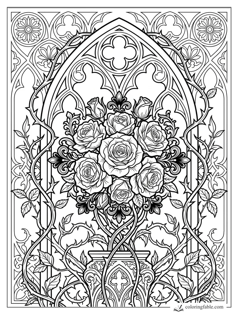 Intricate gothic rose bouquet with thorned vines, quatrefoils, pointed arches, and stained-glass floral borders.