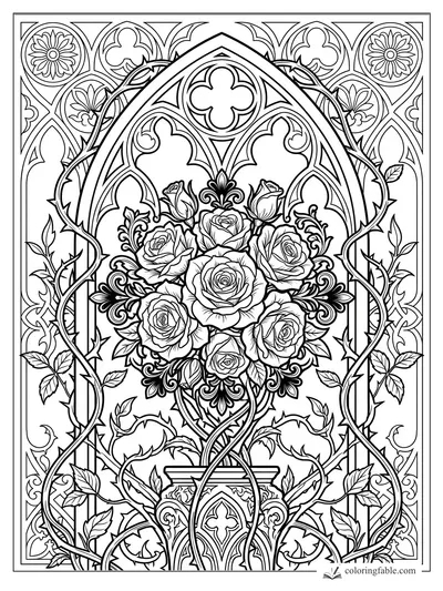 Intricate gothic rose bouquet with thorned vines, quatrefoils, pointed arches, and stained-glass floral borders.