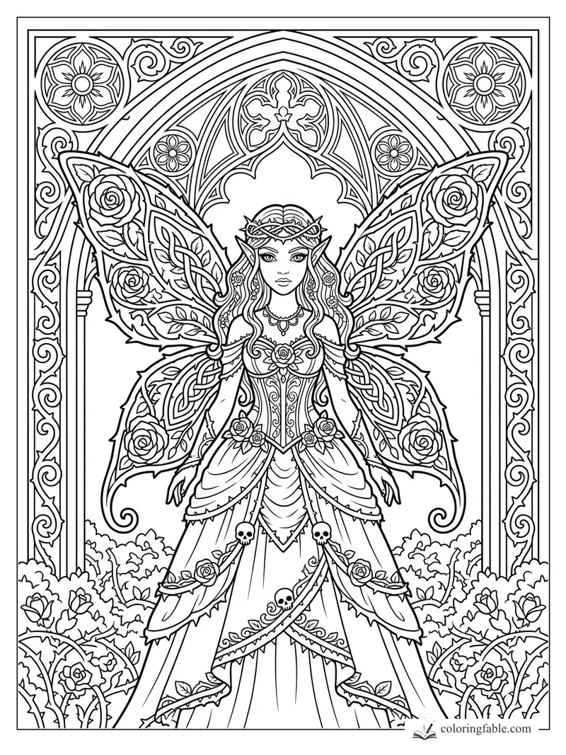 Gothic fairy with rose wings, skull-trimmed gown, and cathedral arch floral frame
