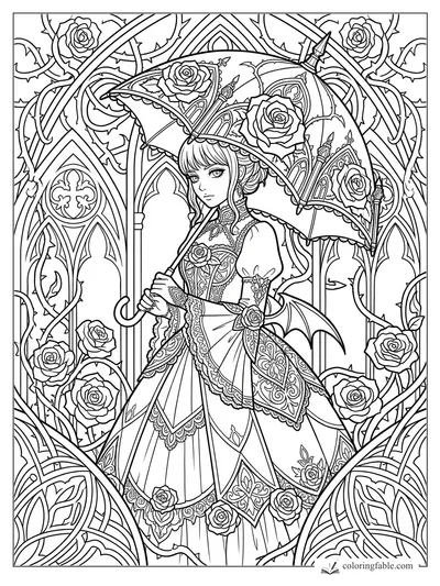 Gothic girl holding a rose-covered parasol among cathedral arches, thorn vines, bats, and roses