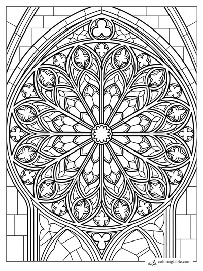 Stained-glass mandala with a Gothic arch, rose-window petals, leaves, and clover shapes