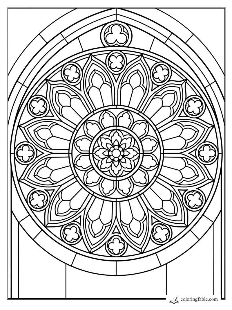 Intricate stained-glass rose window with floral center, pointed petals, and clover medallions