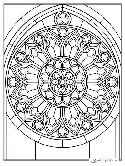 Intricate stained-glass rose window with floral center, pointed petals, and clover medallions