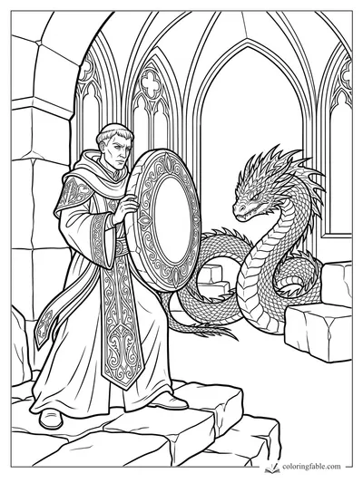 Intricate gothic fantasy coloring page of a robed shield-bearer confronting a scaled dragon in arched ruins.